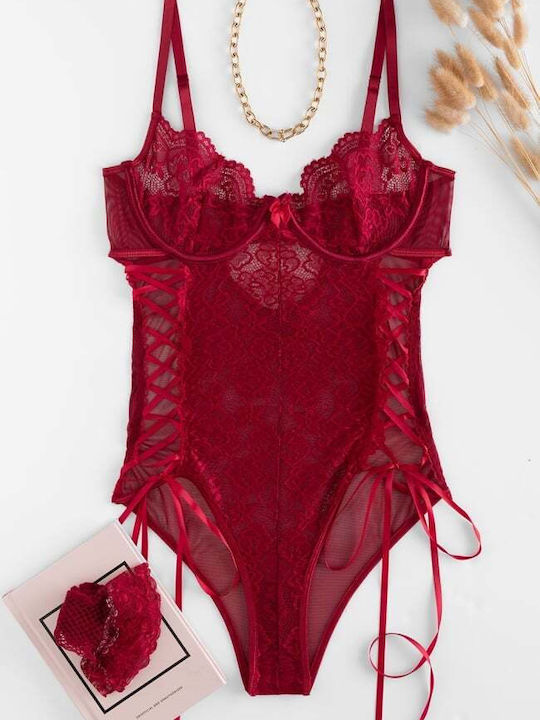 Lace Bodysuit with Underwire and Burgundy Stockings