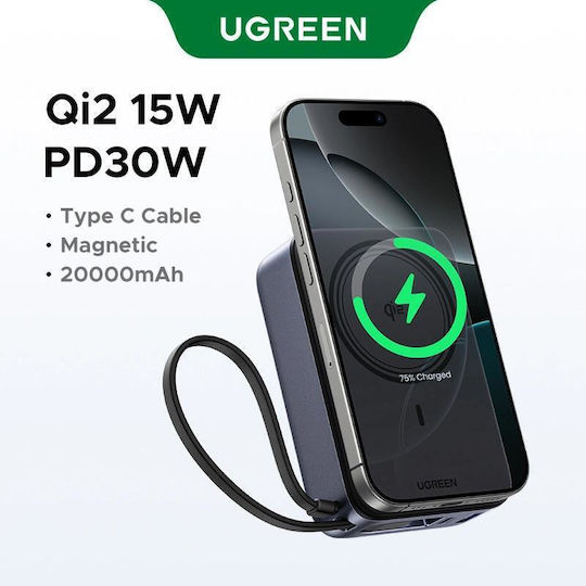 Ugreen PB567 MagSafe Qi2 Power Bank 20000mAh 15W mit USB-A Ausgangsanschlüsse und USB-C Ausgangsanschlüsse Grau