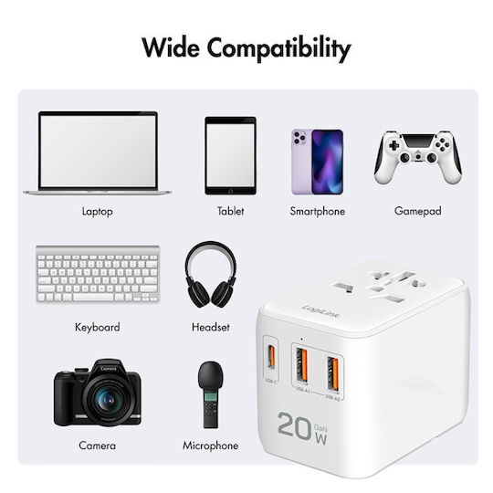LogiLink Cable-Free Charger with 2 USB-A Ports and 1 USB-C Port 20W Power Delivery White (PA0356)