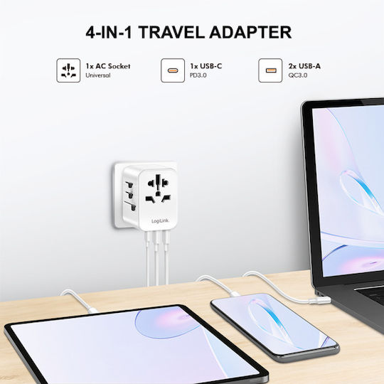 LogiLink Cable-Free Charger with 2 USB-A Ports and 1 USB-C Port 20W Power Delivery White (PA0356)