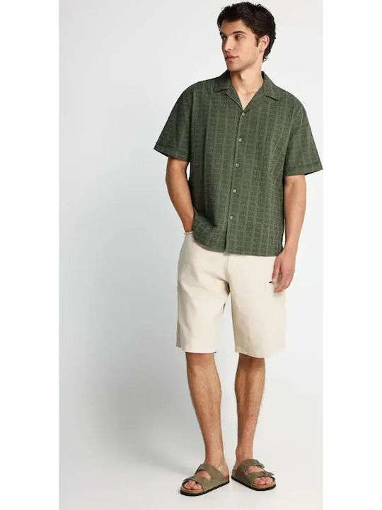 Short Sleeve Cotton Shirt in Oversized Line Green