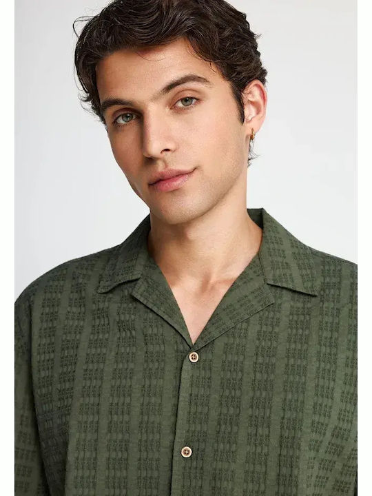 Short Sleeve Cotton Shirt in Oversized Line Green