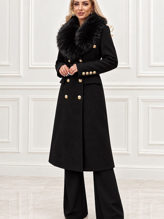 Wool Women's Coat Black with Fur Details
