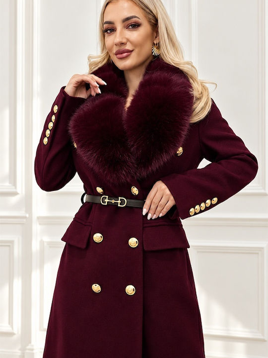 Wool Women's Coat Burgundy with Fur Details
