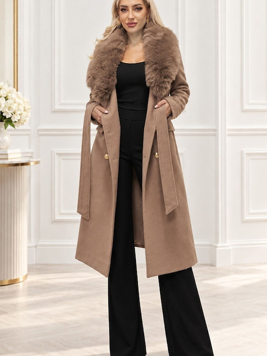 Wool Women's Coat Brown with Fur Details