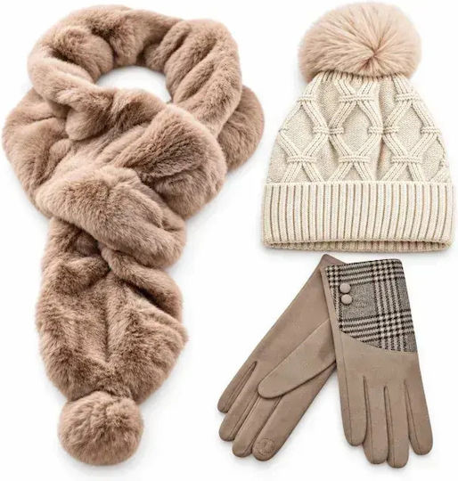 Set with Beanie Knitted in Beige color