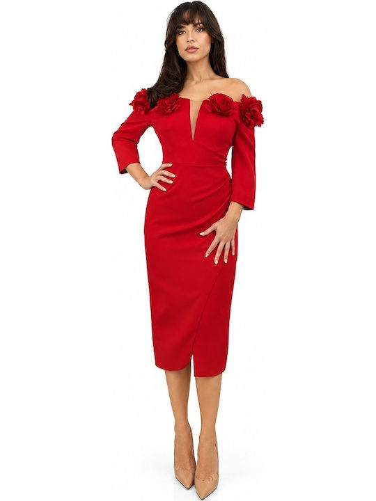 Midi Evening Dress with Tulle Red
