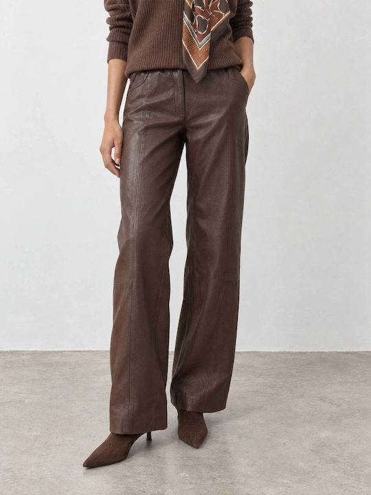 Bill Cost Women's High-Rise Leather Trousers in a Wide Leg Style Brown