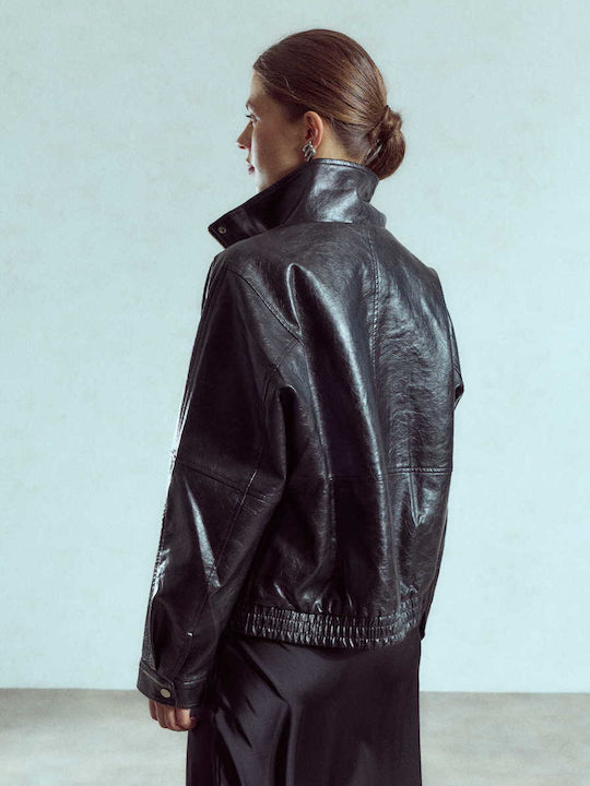 Γυναικείο Μπουφάν Δερματίνης Oversized Loose Fit Μαύρο