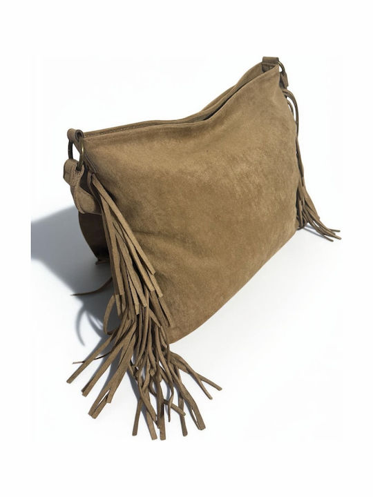Women's Suede Messenger Bag with Fringes Beige