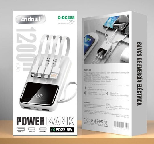Andowl Q-DC268 Powerbank 12000 mAh 22,5 W mit 2 USB-A-Anschlüssen und USB-C-Anschluss Weiß