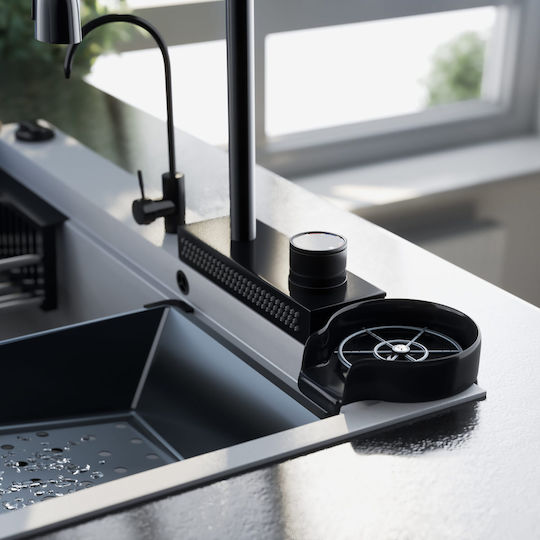 Sanitec Ultra Granite Drop-In Küchenspüle aus Flüssigem Granit mit Wasserhahn M79xP50cm Schwarz Matt