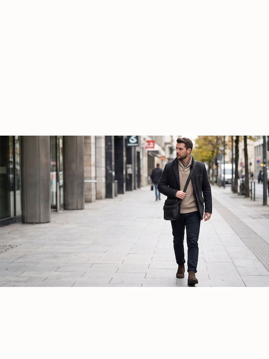 Geantă De Umăr / Tip Crossbody Bărbătească Din Piele Neagră