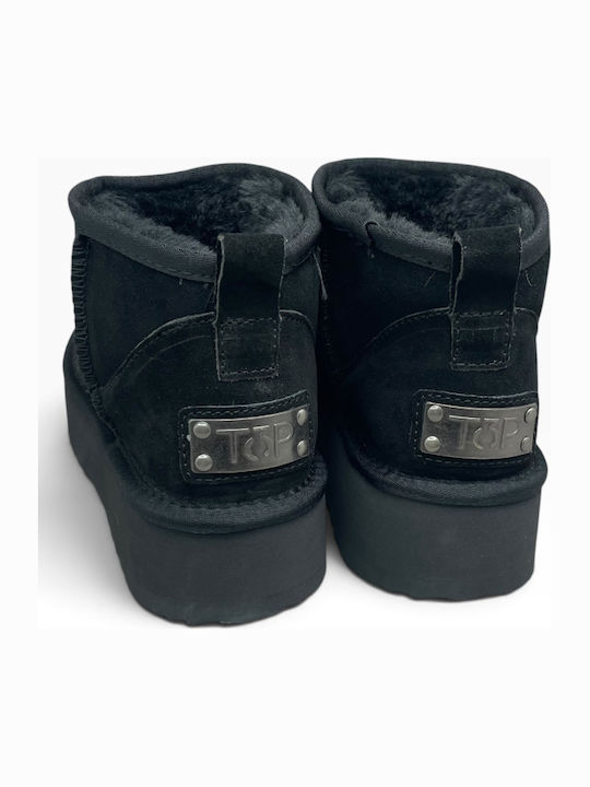 Leather Women's Ankle Boots with Fur Negro