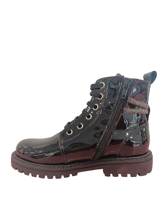 Kids Patent Leather Military Boots with Zipper Black