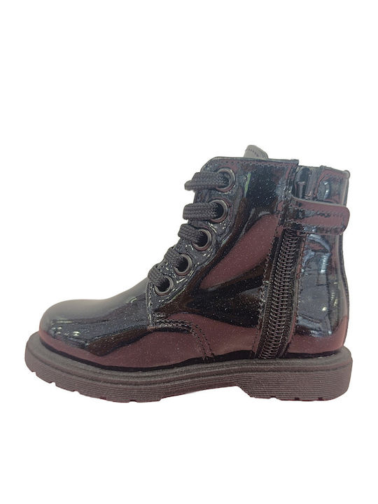 Kids Patent Leather Military Boots with Zipper Black