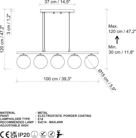 Opviq Candelabru Dual Suspendat Negru pentru 5 Becuri E14 37x5 cm