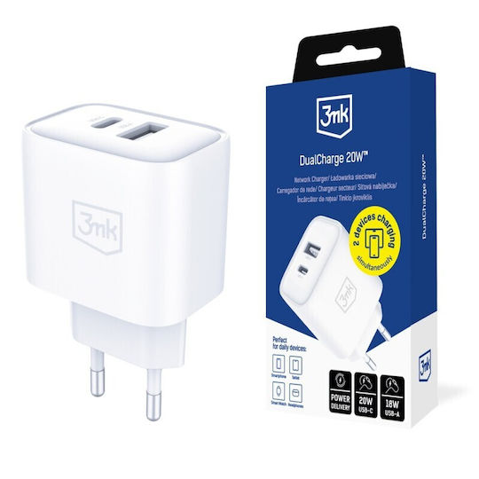 3MK Wireless Charger with USB-A Port and USB-C Port 20W Quick Charge 3.0 White (Dualcharge)