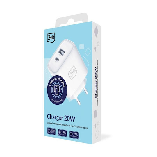 3MK Wireless Charger with USB-A Port and USB-C Port 20W Quick Charge 3.0 White (Dualcharge)