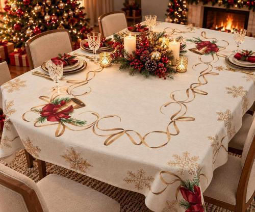 Linea Home Față de Masă de Crăciun din Material Textil cu Globuri 180x140 cm Linea Home Față de Masă de Crăciun din Material Textil cu Globuri 180x140 cm