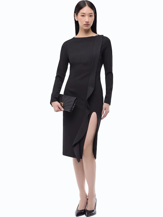 Pinko Midi Evening Satin Dress with Open Back and Slit Black