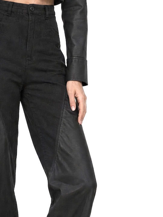 Women's High-Waisted Leather Wide-Leg Trousers in a Loose Fit Black
