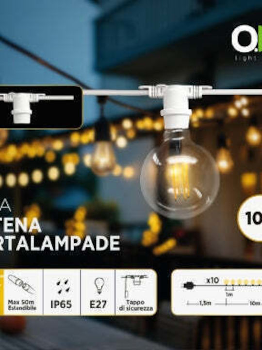 GBC Επεκτεινόμενη Στεγανή Γιρλάντα Φωτισμού IP65 10m με 10 Ντουί E27 Θερμό Λευκό