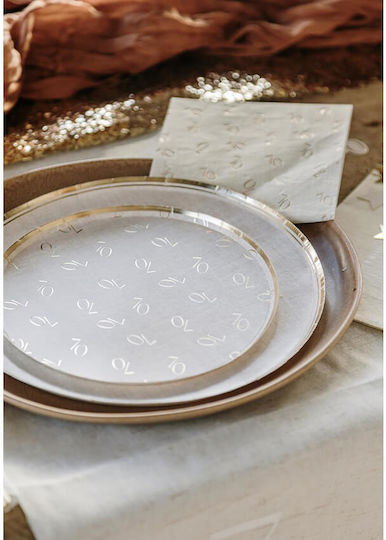 "70" Paper Dessert Plates Linen Effect Gold Details 6 Pieces