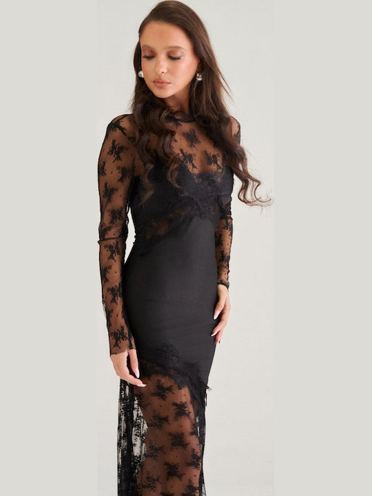 Maxi Evening Dress Open Back with Sheer Detail Black