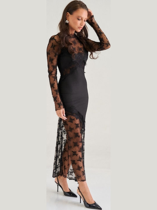 Maxi Evening Dress Open Back with Sheer Detail Black