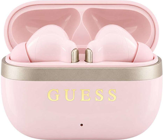 Glossy Gold Lineprinted Classic Logo Earbud Bluetooth Handsfree Headphones with Pink Charging Case