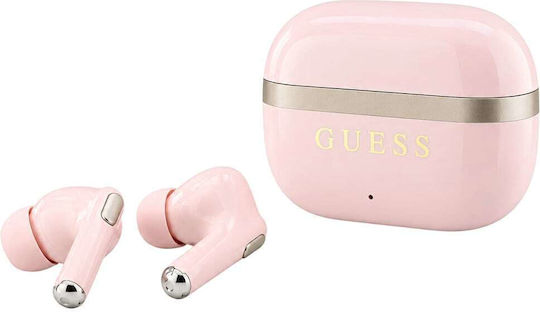 Glossy Gold Lineprinted Classic Logo Earbud Bluetooth Handsfree Headphones with Pink Charging Case