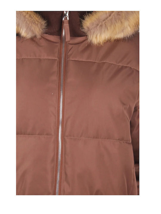 Women's Puffer Jacket with Fur Hood for Winter Brown