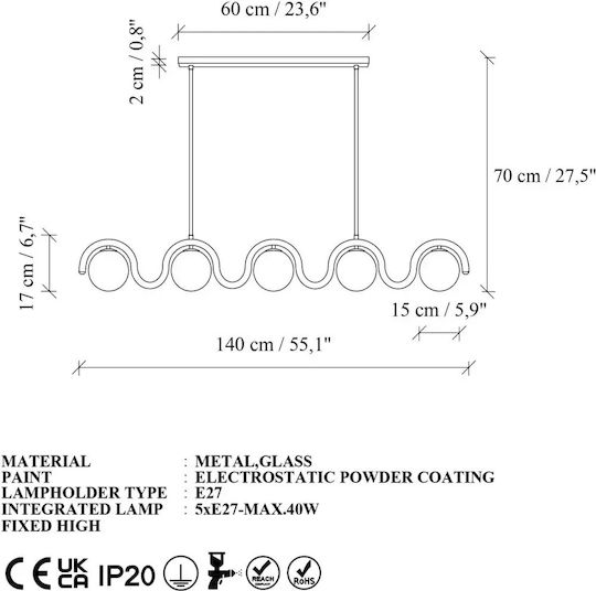 Opviq Gedik Deckenleuchte Grau Schiene für 5 Lampenbirnensockel E27 140x17x70cm