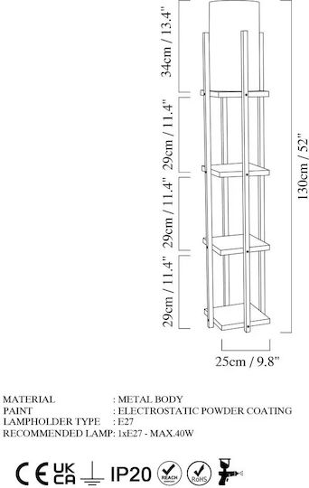 Opviq Shelf Подова Лампа В130xД25см. с Цокъл за Крушка E27 Жълт