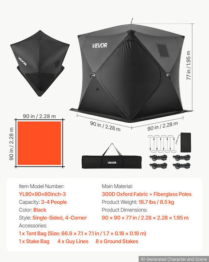 Vevor Зимна палатка за риболов Pop Up черна 228x228x195 см