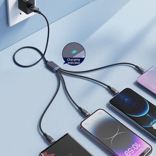 Joyroom S-A18 Плетен USB Кабел към Lightning / Type-C / micro USB 3.5A Черен 1.2 м