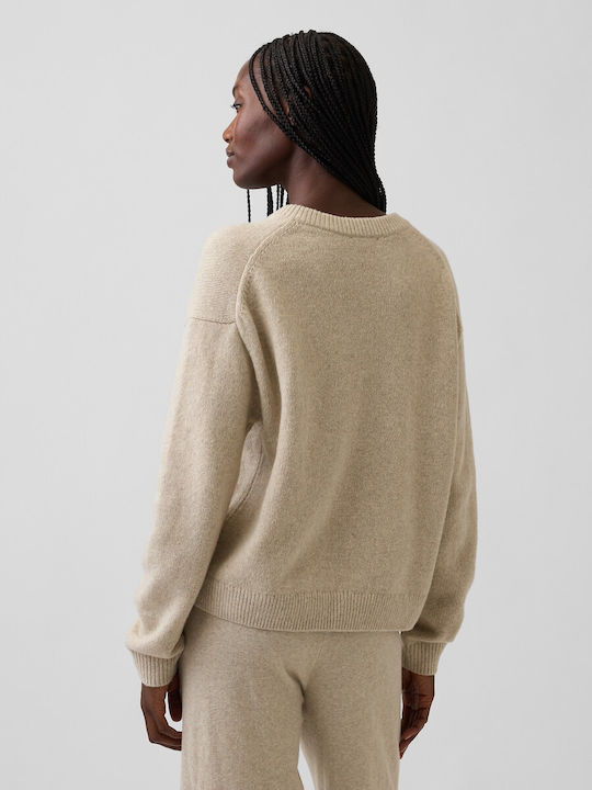 Pulover Cropped de Damă din Bumbac cu Decolteu în V Cobblestone Beige