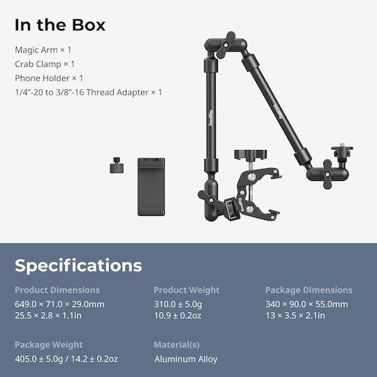 Smallrig 56 Cm Articulating Desk Clamp Magic Arm Dual Ball Joints 1/4" Thread 3/8" Adapter Phone Holder Included Aluminum Webcam Light Microphone Black