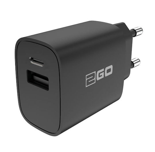 2GO Cable-Free Charger with USB-A Port and USB-C Port 20W Power Delivery Black (797273)