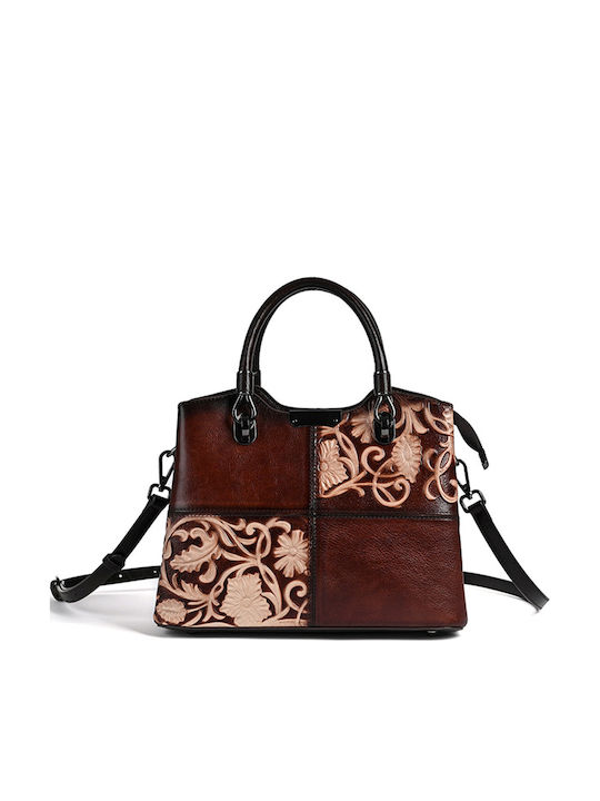 Geometric Floral Кафява Дамска Кожена Чанта Shopper
