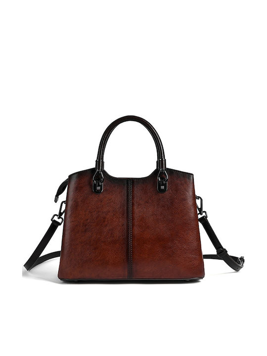 Geometric Floral Кафява Дамска Кожена Чанта Shopper