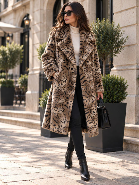 Denim Damen-Leopardenmantel in Schwarz mit Details aus Fell