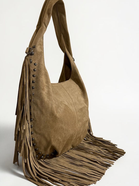 Women's Suede Shoulder Bag with Beige Fringes