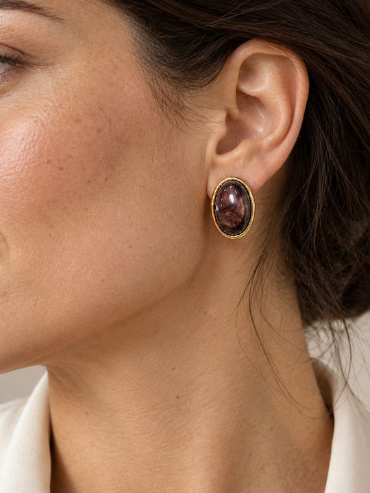 Women's Oval Stud Earrings Steel – Gold Brown-Purple Decorative Detail Women's Oval Stud Earrings Steel – Gold Brown-Purple Decorative Detail