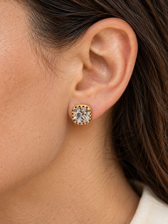 Women's Steel Stud Earrings with Square Stone – Gold Tone Women's Steel Stud Earrings with Square Stone – Gold Tone