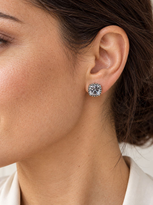Women's Steel Stud Earrings with Square Clear Stone – Silver Women's Steel Stud Earrings with Square Clear Stone – Silver