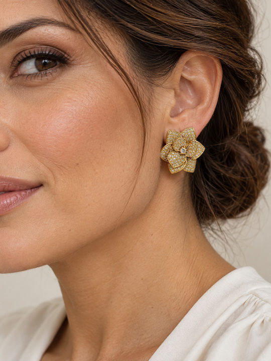 Women's Stud Earrings Flowers Steel Stones – Gold Tone Women's Stud Earrings Flowers Steel Stones – Gold Tone