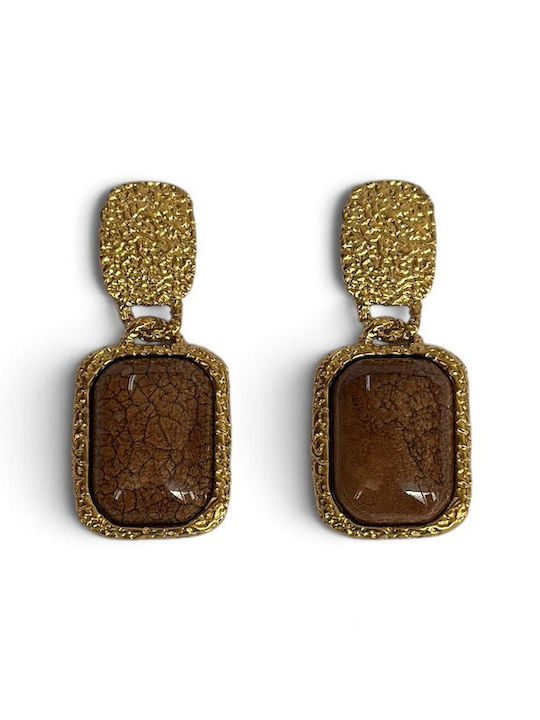 Women's Dangle Earrings Gold Rectangular Designs Brown Stones Prime Steel Brown Gold Women One Size Ssn259