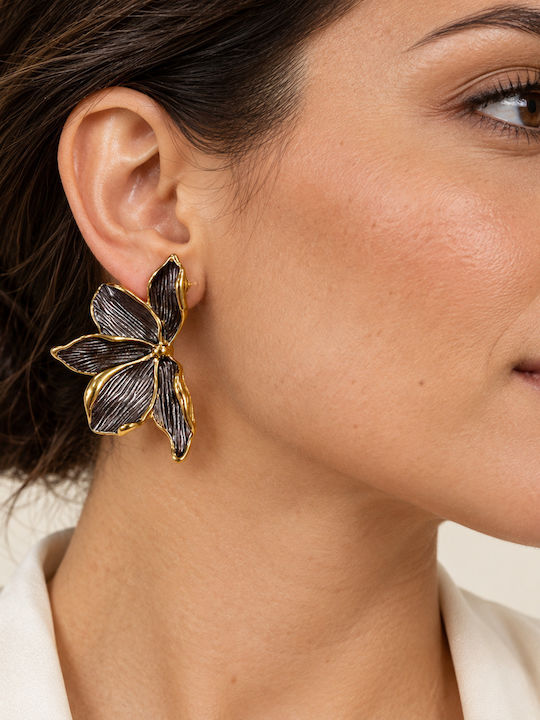 Women's Earrings Flowers Steel Textured Petals – Anthracite & Gold Women's Earrings Flowers Steel Textured Petals – Anthracite & Gold